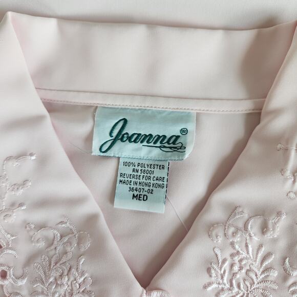 Vintage 80s Joanna Pink Embroidered Scalloped Button Down Short Sleeve Blouse M - Picture 6 of 10
